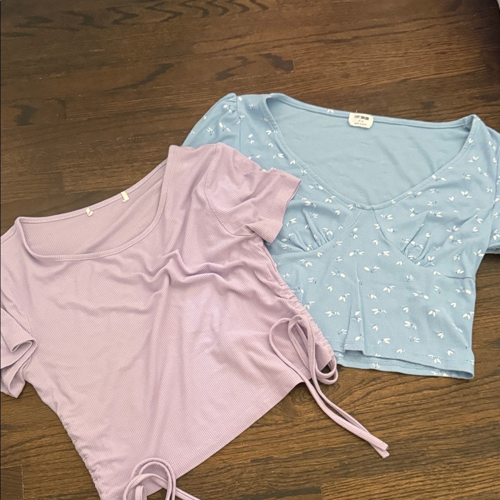 Cotton On Lavender Ribbed Side-Tie Top & Light Blue Floral Crop (2-Pack)